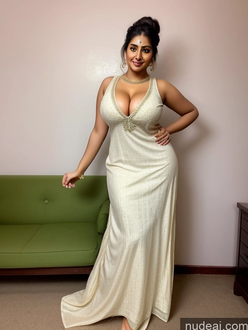 ai nude image of araffe woman in a white dress posing in front of a green couch pics of Model One Busty Beautiful 30s Hair Bun Indian Front View T-pose Cleavage Salwar