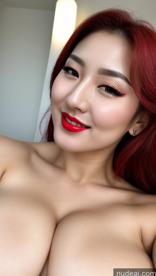 ai nude image of arafed asian woman with red hair and big tits posing for a picture pics of Woman Huge Boobs Beautiful Lipstick Fairer Skin 30s Happy Seductive Slicked Korean Close-up View Devil Bright Lighting Sexy Face