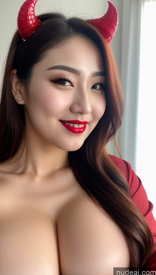 ai nude image of araffed asian woman with red horns and red lips posing for a picture pics of Woman Huge Boobs Beautiful Lipstick Fairer Skin 30s Happy Seductive Slicked Korean Close-up View Sexy Face Devil Pajamas Bright Lighting