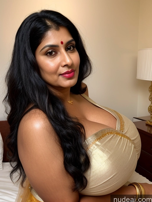 ai nude image of araffe woman in a sari posing for a picture in a hotel room pics of Milf Huge Boobs Perfect Boobs Beautiful Lipstick Big Hips Fairer Skin 50s Sexy Face Pouting Lips Black Hair Long Hair Indian Front View Sari Gold Jewelry Jewelry Bright Lighting Detailed Bedroom Transparent