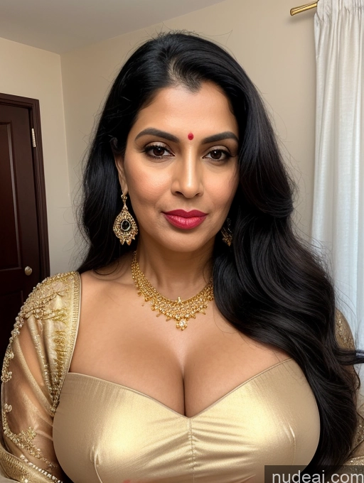 ai nude image of a close up of a woman in a gold dress with a necklace and earrings pics of Milf Perfect Boobs Beautiful Lipstick Big Hips Fairer Skin 50s Sexy Face Pouting Lips Black Hair Long Hair Indian Front View Sari Gold Jewelry Jewelry Bright Lighting Detailed Bedroom Transparent Busty Tall