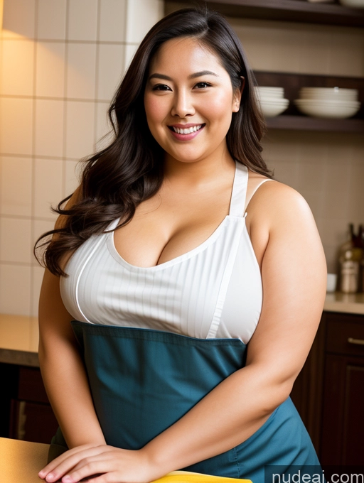 ai nude image of there is a woman standing in a kitchen with a plate of food pics of 30s Busty Beautiful Thick Chubby Fat Asian Apron Restaurant Happy Cleavage