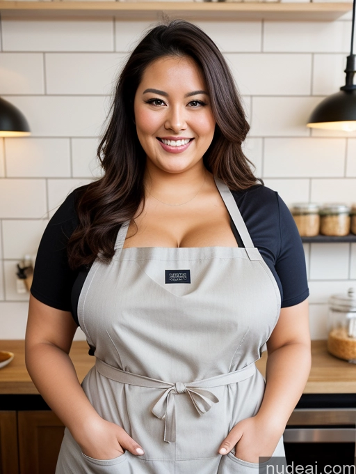 ai nude image of smiling woman in apron standing in kitchen with wooden counter top pics of 30s Busty Beautiful Thick Chubby Fat Asian Apron Happy Cleavage Nude Cafe Model