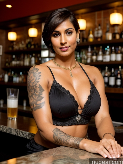 ai nude image of there is a woman in a bra top sitting at a bar pics of Bodybuilder Busty Beautiful Abs Tattoos Big Ass Thick Tall Fairer Skin 30s Pixie Sari Indian Brunette Cleavage Diamond Jewelry Dark Lighting Bar