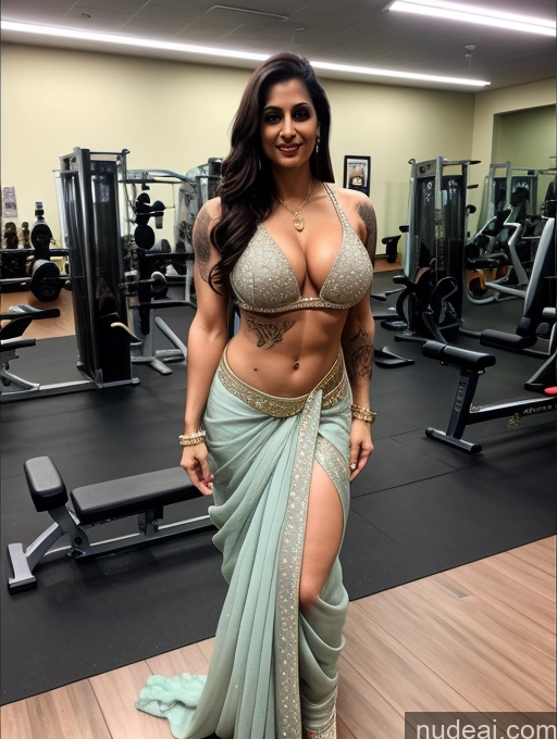 ai nude image of araffe woman in a green sari posing in a gym pics of Bodybuilder Busty Beautiful Abs Tattoos Big Ass Thick Tall Fairer Skin 30s Sari Indian Brunette Cleavage Diamond Jewelry Dark Lighting Gym