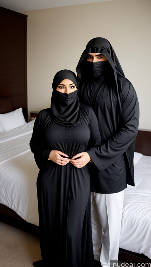 ai nude image of they are dressed in black and white standing in a hotel room pics of Woman + Man Busty Beautiful Big Ass Thick Big Hips Perfect Body 20s Serious Black Hair Bedroom Niqab