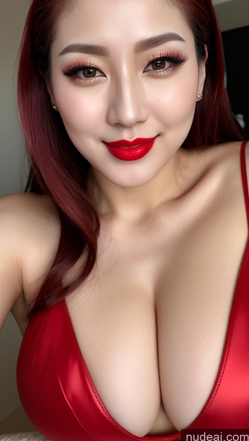 ai nude image of arafed asian woman in a red bra top posing for a picture pics of Woman Huge Boobs Beautiful Lipstick Fairer Skin 30s Happy Seductive Slicked Korean Close-up View Devil Bright Lighting Sexy Face