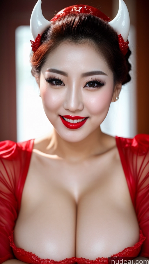 ai nude image of araffed asian woman with horns and red dress posing for a picture pics of Woman Huge Boobs Beautiful Lipstick Fairer Skin 30s Happy Seductive Slicked Korean Close-up View Devil Bright Lighting Sexy Face