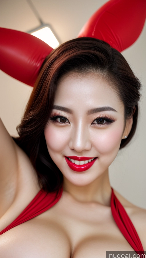 ai nude image of araffed asian woman with red ears and a red dress pics of Woman Huge Boobs Beautiful Lipstick Fairer Skin 30s Happy Seductive Slicked Korean Close-up View Devil Bright Lighting Sexy Face