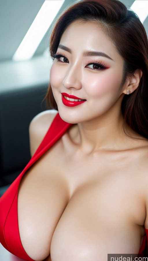 ai nude image of araffed asian woman in a red dress posing for a picture pics of Woman Huge Boobs Beautiful Lipstick Fairer Skin 30s Happy Seductive Slicked Korean Close-up View Devil Bright Lighting Sexy Face