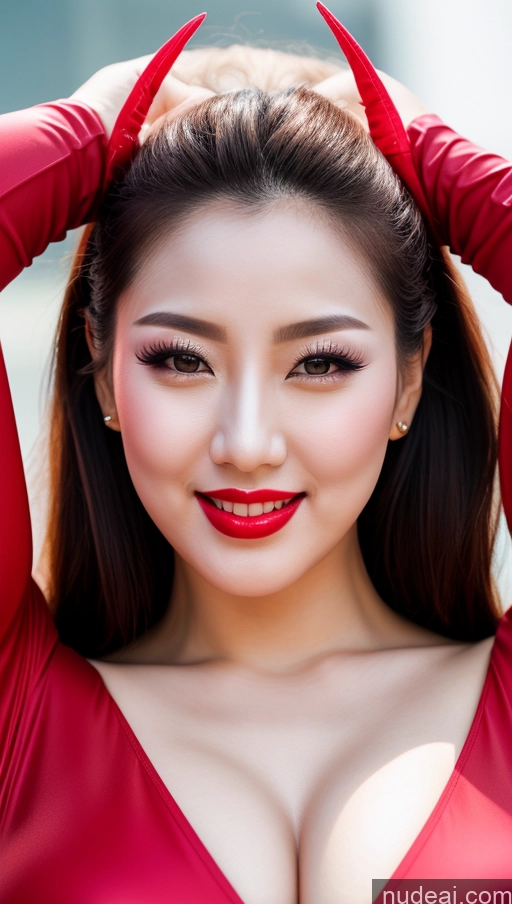 ai nude image of araffe woman in red dress with horns and red lips pics of Woman Huge Boobs Beautiful Lipstick Fairer Skin 30s Happy Seductive Slicked Korean Close-up View Devil Bright Lighting Sexy Face