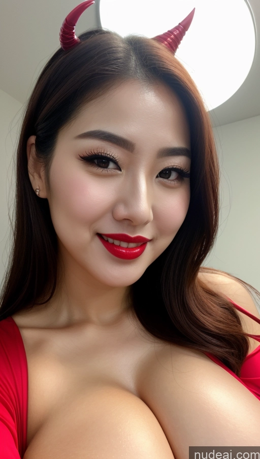 ai nude image of araffed asian woman with red lips and horns posing for a picture pics of Woman Huge Boobs Beautiful Lipstick Fairer Skin 30s Happy Seductive Slicked Korean Close-up View Devil Bright Lighting Sexy Face