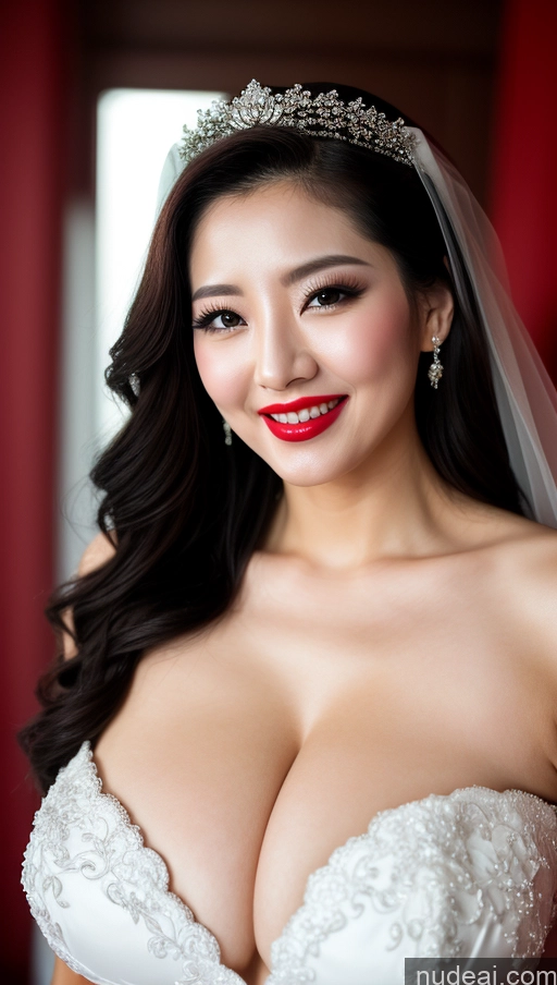 ai nude image of arafed woman in a wedding dress with a tiara and a veil pics of Woman Huge Boobs Beautiful Lipstick Fairer Skin 30s Happy Seductive Slicked Korean Close-up View Devil Wedding Bright Lighting Sexy Face