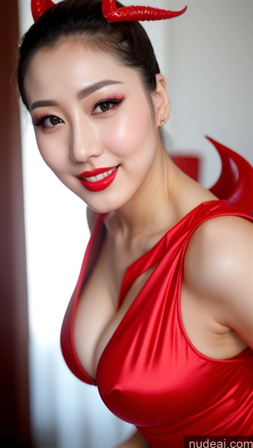 ai nude image of there is a woman in a red dress with horns on her head pics of Woman Huge Boobs Beautiful Lipstick Fairer Skin 30s Happy Seductive Slicked Korean Close-up View Devil Bright Lighting Sexy Face