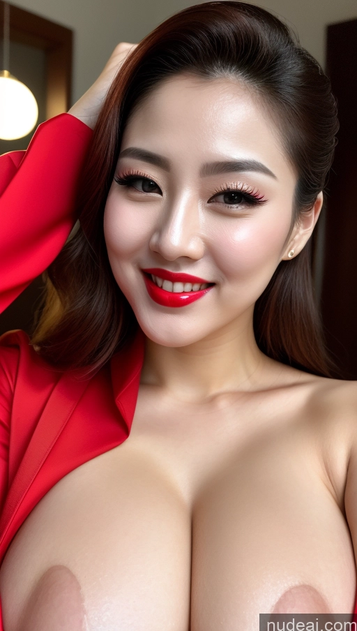 ai nude image of araffed asian woman with big breast posing for a picture pics of Woman Huge Boobs Beautiful Lipstick Fairer Skin 30s Happy Seductive Slicked Korean Close-up View Devil Bright Lighting Sexy Face