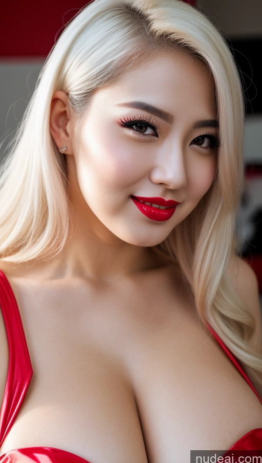 ai nude image of blond woman with big breast posing for a picture in a red dress pics of Woman Huge Boobs Beautiful Lipstick Fairer Skin 30s Happy Seductive Slicked Korean Close-up View Bright Lighting Sexy Face Devil White Hair