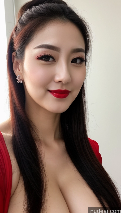 ai nude image of a close up of a woman with a red dress and a red lipstick pics of Woman Huge Boobs Beautiful Lipstick Fairer Skin 30s Happy Seductive Slicked Korean Close-up View Bright Lighting Sexy Face Devil Black Hair