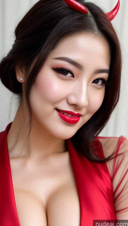 ai nude image of araffed asian woman with red horns and a red dress pics of Woman Huge Boobs Beautiful Lipstick Fairer Skin 30s Happy Seductive Slicked Korean Close-up View Bright Lighting Sexy Face Devil Black Hair