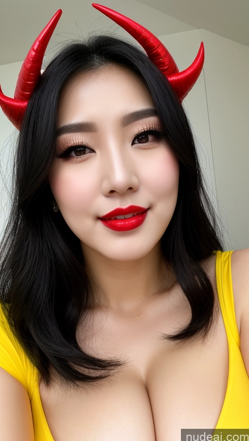 ai nude image of araffed asian woman with red horns and a yellow dress pics of Woman Huge Boobs Beautiful Lipstick Fairer Skin 30s Happy Seductive Slicked Korean Bright Lighting Sexy Face Devil Black Hair Big Ass Close-up View