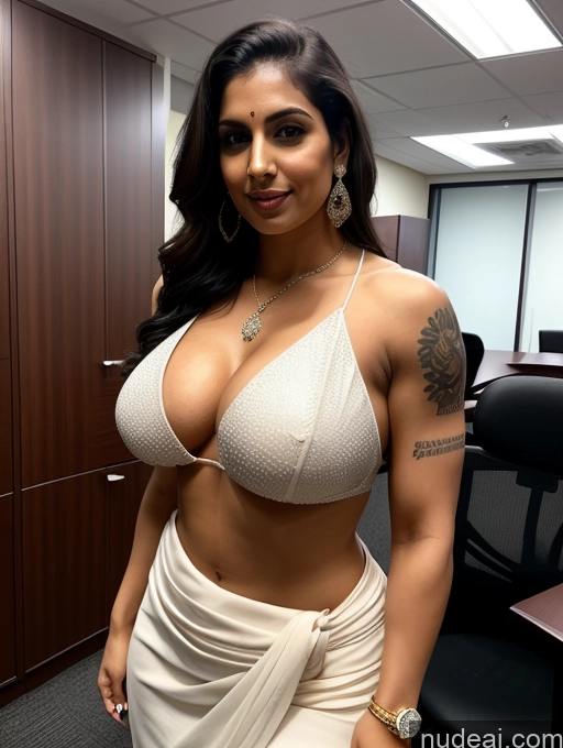 ai nude image of araffe woman in a white dress posing in an office pics of Bodybuilder Busty Beautiful Abs Tattoos Big Ass Thick Tall Fairer Skin Sari Indian Cleavage Diamond Jewelry Dark Lighting Office Ginger 20s