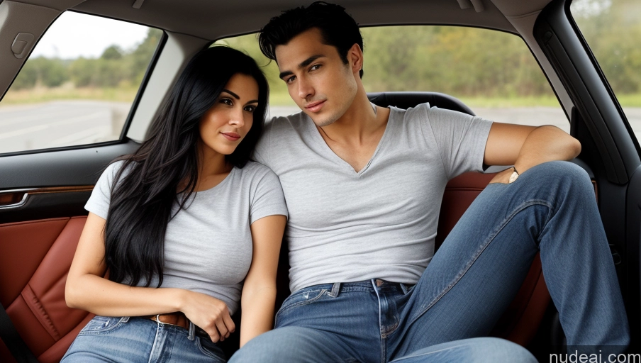 ai nude image of they are sitting in the back of a car together pics of Woman + Man Two Perfect Boobs Beautiful Perfect Body 20s Black Hair British Illustration Car Shirt Jeans Front View Sad