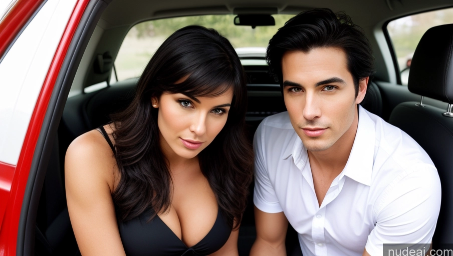 ai nude image of they are two people sitting in a car together pics of Woman + Man Two Perfect Boobs Beautiful Perfect Body 20s Black Hair British Illustration Car Shirt Front View Short Shorts Serious Seductive Sexy Face