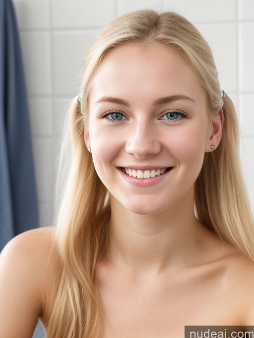 ai nude image of blonde woman with blue eyes and no shirt smiling in a bathroom pics of Woman One Small Tits Skinny Fairer Skin 18 Happy Blonde Scandinavian Front View Nude Pigtails Bathroom Mirror Selfie