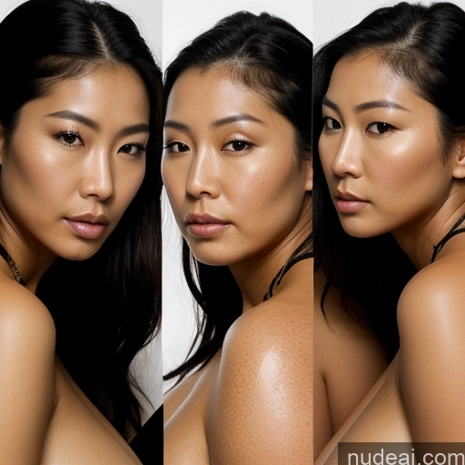 ai nude image of three photos of a woman with no shirt on posing for a picture pics of Several Huge Boobs Beautiful Big Ass Thick Chubby Big Hips Long Legs Tall Pubic Hair Oiled Body 30s Serious Black Hair Ponytail Asian Skin Detail (beta) Jungle Front View Nude Cleavage On Back Woman