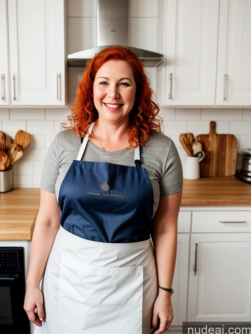 ai nude image of smiling woman in apron standing in kitchen with wooden counter top pics of Woman Fat Big Hips Fairer Skin Pubic Hair Big Ass Happy Ginger Long Hair White Small Tits 50s Apron Kitchen Cooking