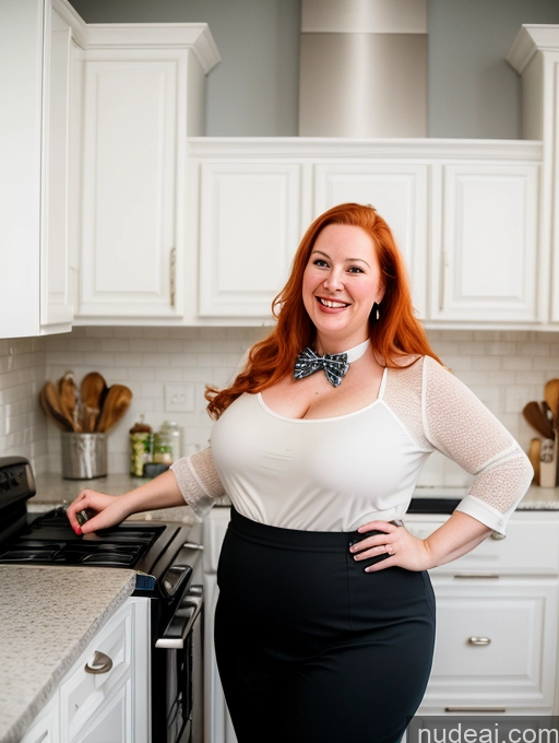 ai nude image of there is a woman standing in a kitchen with a stove pics of Woman Fat Big Hips Fairer Skin Pubic Hair Big Ass Happy Ginger Long Hair White Small Tits 50s Kitchen Bow Tie