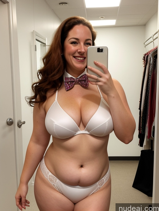 ai nude image of araffe woman in a white bra and bow tie taking a selfie pics of Woman Fat Big Hips Fairer Skin Pubic Hair Big Ass Happy Ginger Long Hair White Small Tits 50s Bow Tie Changing Room