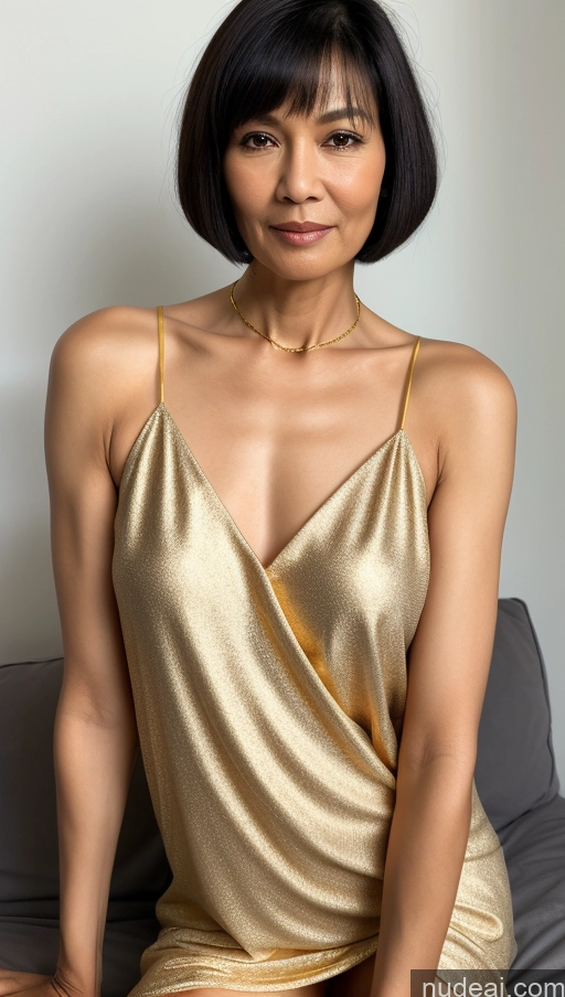 ai nude image of arafed woman in a gold dress sitting on a couch pics of Woman One Skinny 70s Sexy Face Black Hair Indonesian Skin Detail (beta) Front View Nightgown Bright Lighting Gold Jewelry Short Hair