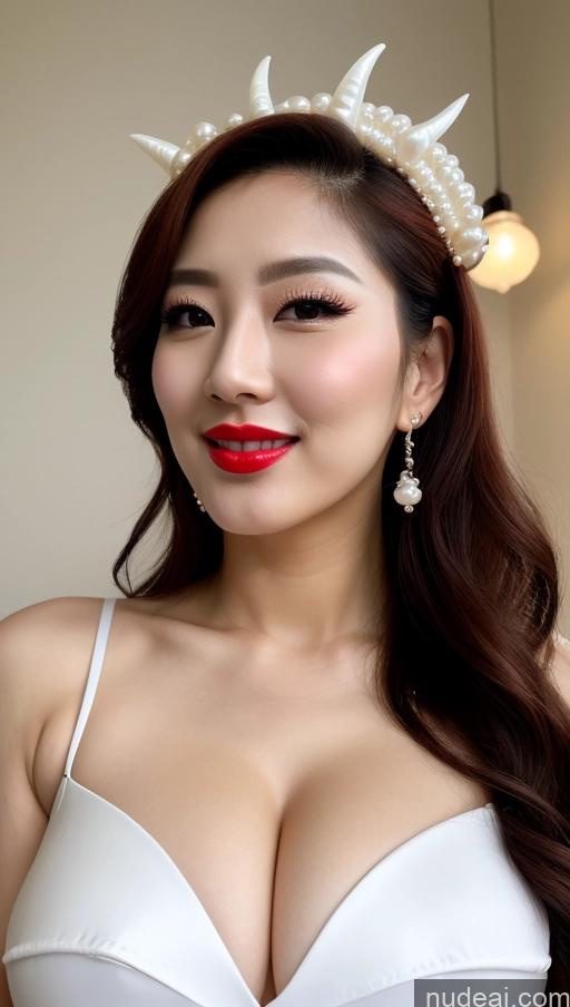 ai nude image of araffe woman with a white bra and a red lipstick pics of Woman Huge Boobs Beautiful Lipstick Fairer Skin 30s Happy Seductive Slicked Korean Close-up View Devil Bright Lighting Sexy Face Pearl Jewelry