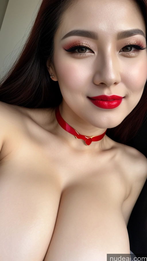 ai nude image of a close up of a woman with a red choke and a red choke pics of Woman Huge Boobs Beautiful Lipstick Fairer Skin 30s Happy Seductive Slicked Korean Close-up View Devil Bright Lighting Sexy Face Vampire