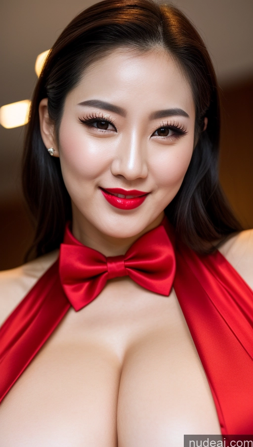 ai nude image of arafed asian woman with big breast wearing a red bow tie pics of Woman Huge Boobs Beautiful Lipstick Fairer Skin 30s Happy Seductive Slicked Korean Close-up View Devil Bright Lighting Sexy Face Bow Tie