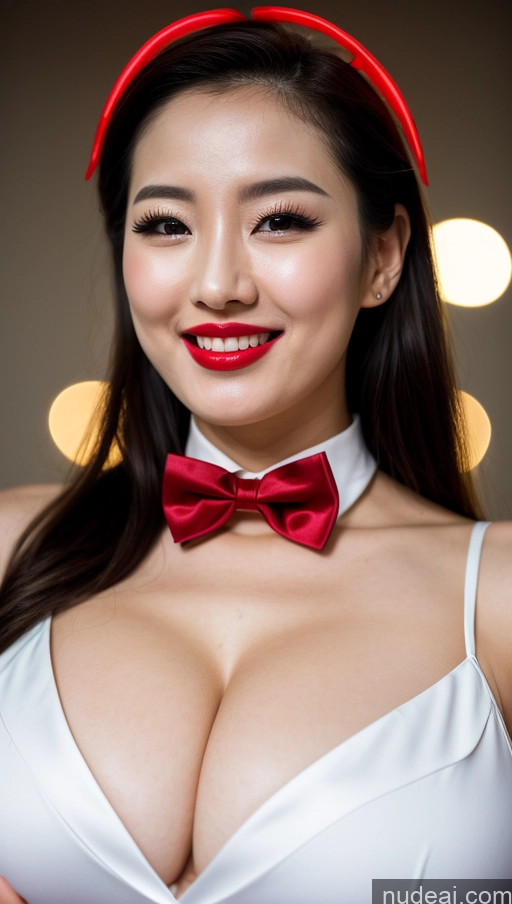 ai nude image of araffed woman in a white top and red bow tie pics of Woman Huge Boobs Beautiful Lipstick Fairer Skin 30s Happy Seductive Slicked Korean Close-up View Devil Bright Lighting Sexy Face Bow Tie