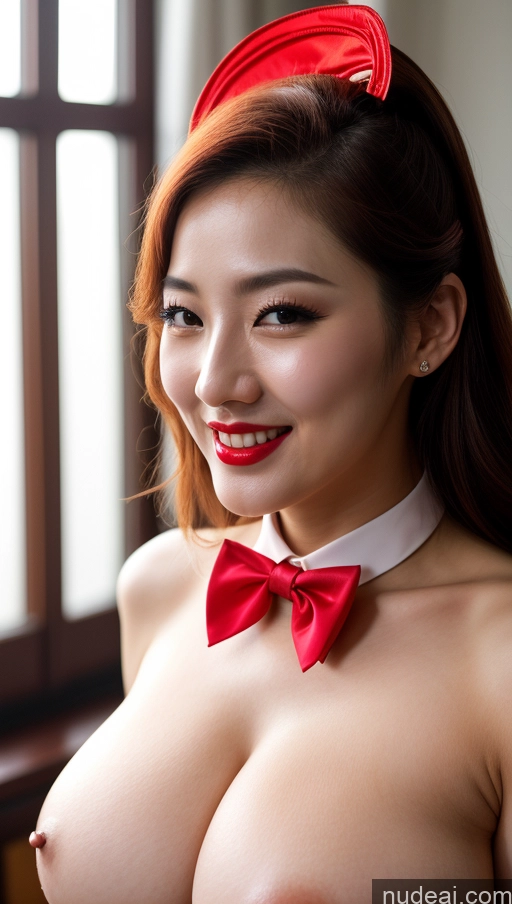 ai nude image of arafed asian woman with a red bow tie and a red bowtie pics of Woman Huge Boobs Beautiful Lipstick Fairer Skin 30s Happy Seductive Slicked Korean Close-up View Devil Bright Lighting Sexy Face Bow Tie Nude