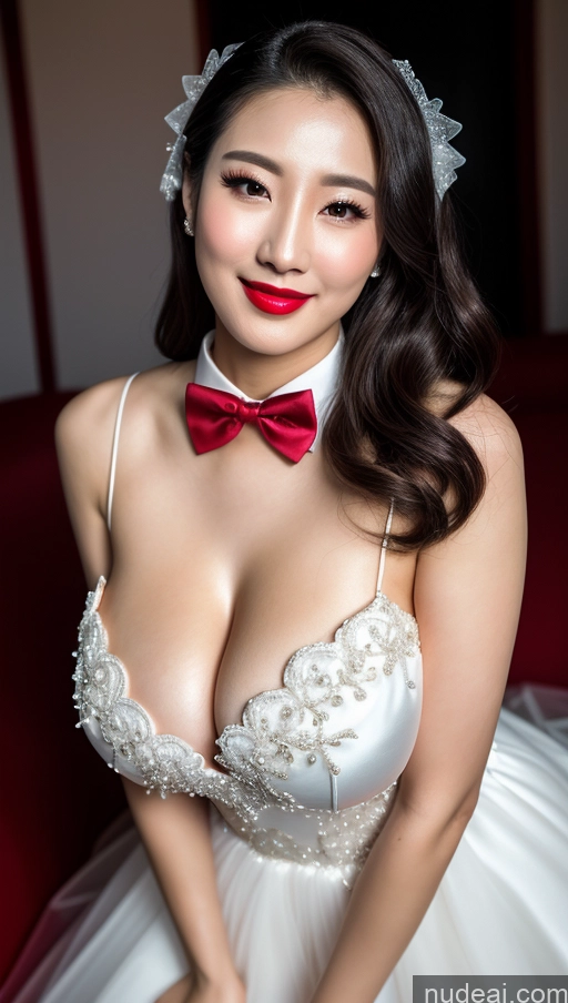 ai nude image of arafed woman in a white dress and red bow tie posing for a picture pics of Woman Huge Boobs Beautiful Lipstick Fairer Skin 30s Happy Seductive Slicked Korean Close-up View Devil Bright Lighting Sexy Face Bow Tie Wedding Pearl Jewelry Black Hair