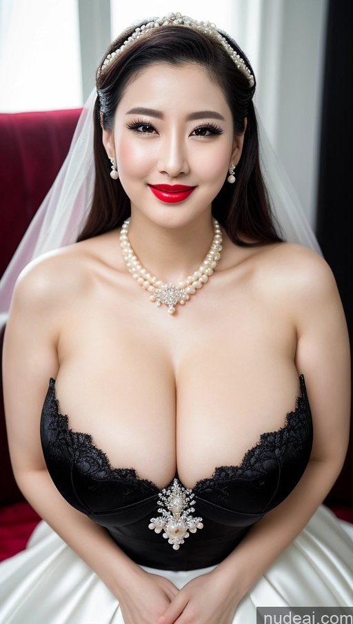 ai nude image of arafed woman in a wedding dress with a veil and a tiable pics of Woman Huge Boobs Beautiful Lipstick Fairer Skin 30s Happy Seductive Slicked Korean Close-up View Devil Bright Lighting Sexy Face Wedding Pearl Jewelry Black Hair