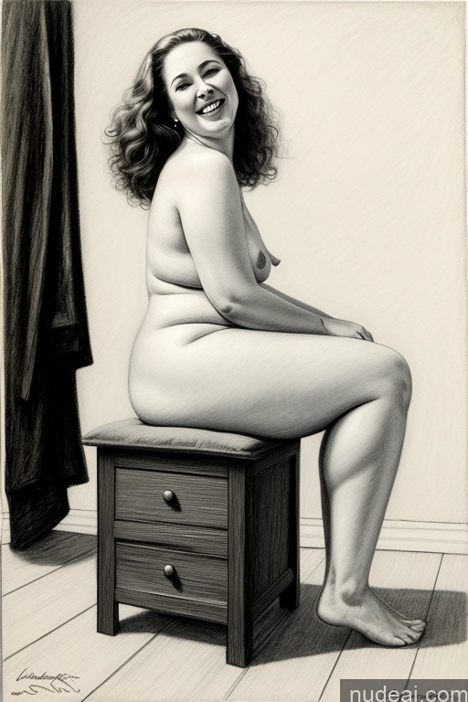 ai nude image of arafed woman sitting on a stool smiling and posing for a picture pics of Woman Fat Big Hips Fairer Skin Pubic Hair Big Ass Happy Ginger White Changing Room 80s Straight Busty Chubby Charcoal