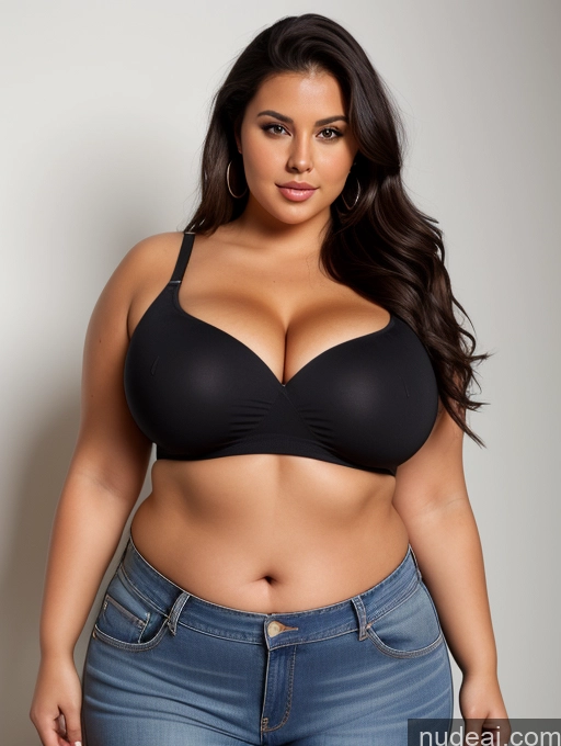 ai nude image of araffed woman in a black bra top and jeans posing for a picture pics of Woman Busty Perfect Boobs Big Ass Thick Fat Big Hips Perfect Body Tanned Skin Black Hair Hair Bun Russian Blouse Crop Top Jeans