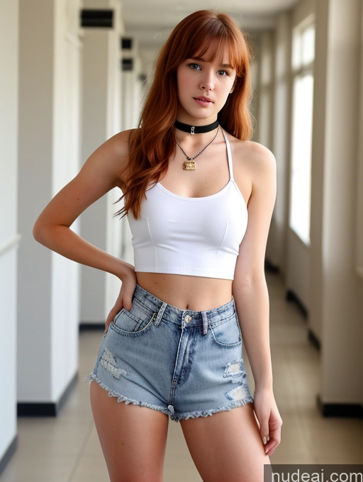 ai nude image of arafed woman in a white top and denim shorts posing for a picture pics of Sorority Small Tits Beautiful Skinny Small Ass School Hallway 18 Ginger Choker Daisy Dukes High Heels Bangs Irish Seductive Perfect Boobs Crop Top