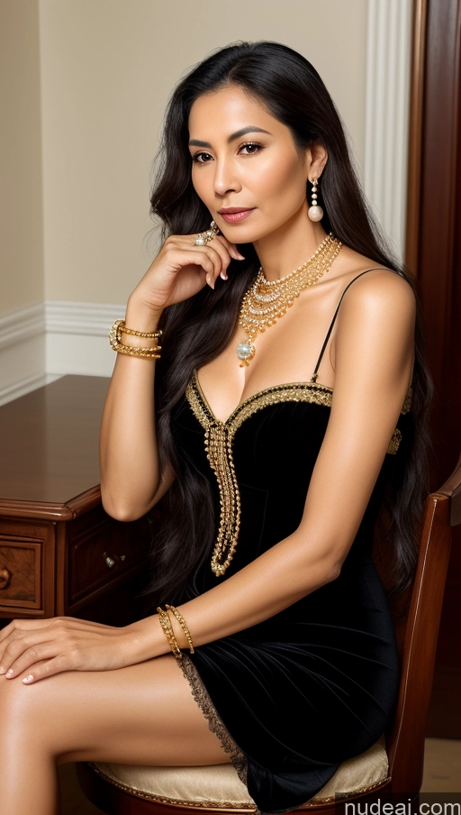 ai nude image of araffe woman in a black dress sitting on a chair with a gold necklace pics of Woman One Skinny Black Hair Long Hair Indonesian Skin Detail (beta) Front View Pearl Jewelry Gold Jewelry Bright Lighting Victorian Blouse Busty 70s