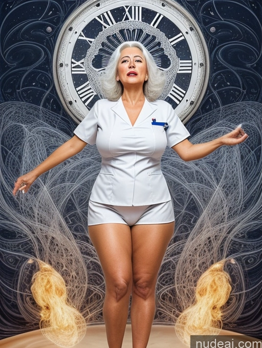 ai nude image of woman in white shirt and shorts standing in front of a clock pics of Big Ass 80s White Hair Surrealist Perfect Boobs Woman Orgasm Straight Brazilian Nurse