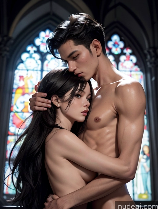 related ai porn images free for Two 18 Skinny Sad Black Hair Long Hair Filipina Surrealist Church Side View Eating Nude Beer Bright Lighting Detailed Woman + Man