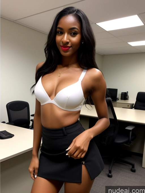 ai nude image of there is a woman in a skirt posing in an office pics of 18 Nigerian Small Tits Lipstick Small Ass Long Legs Tall Perfect Body Tanned Skin Dark Skin Front View High Heels Bra Mini Skirt Office Long Hair Black Hair