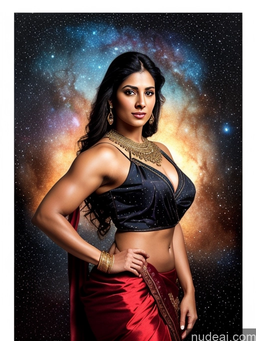 ai nude image of arafed woman in a sari posing for a picture in front of a galaxy pics of Bodybuilder Perfect Boobs Beautiful Big Ass Thick Big Hips Tall Perfect Body Pubic Hair 30s Sexy Face Black Hair Stargazing Dark Lighting Fairer Skin Muscular Indian Blouse Sari