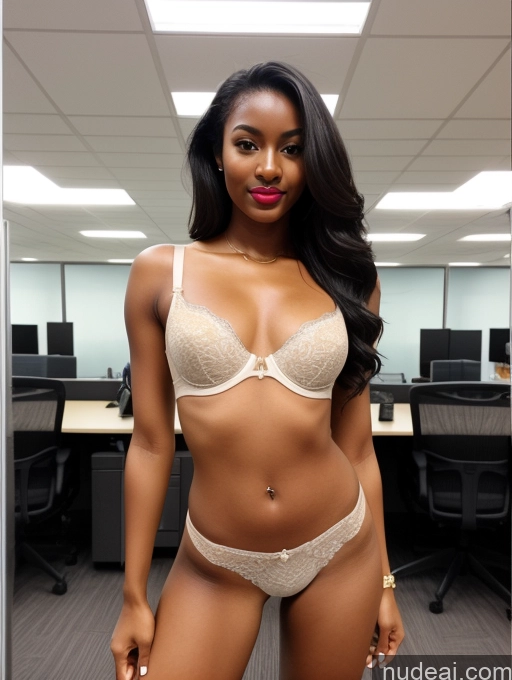 ai nude image of araffe woman in a white bra and panties posing in an office pics of 18 Nigerian Small Tits Lipstick Small Ass Long Legs Tall Perfect Body Tanned Skin Dark Skin Front View High Heels Bra Office Long Hair Black Hair