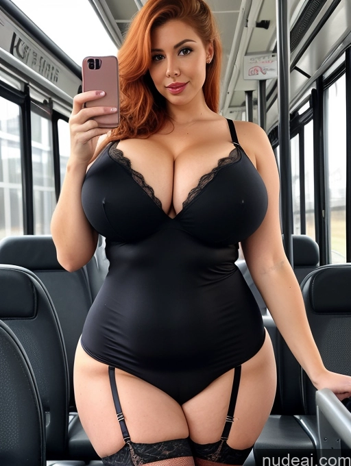 ai nude image of araffe woman in a black lingerie taking a selfie on a bus pics of Lingerie Model Busty Huge Boobs Perfect Boobs Skinny Big Hips 20s Sad Ginger Hair Bun Mirror Selfie Bending Over Nude Stockings Secretary Bus