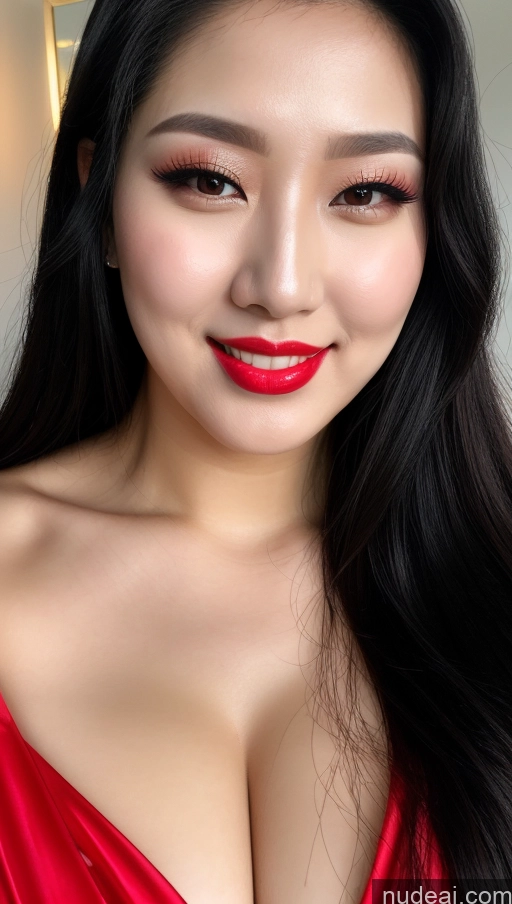 ai nude image of a close up of a woman with long black hair wearing a red dress pics of Woman Huge Boobs Beautiful Lipstick Big Ass Fairer Skin 30s Happy Seductive Black Hair Slicked Korean Close-up View Devil Bright Lighting Sexy Face